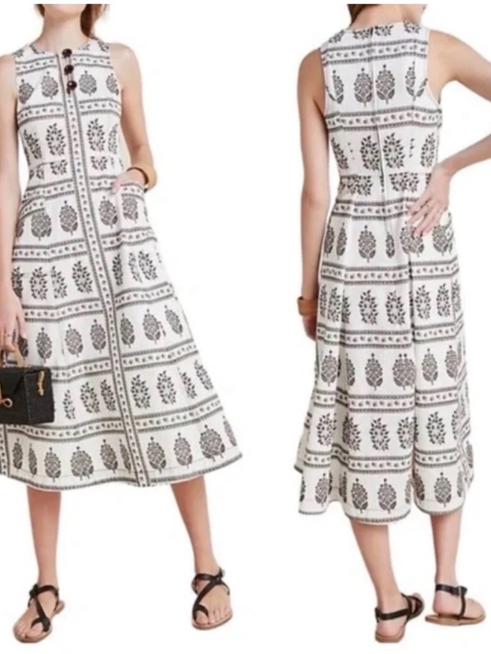 Anthropologie White Midi Dress with Black Block Print